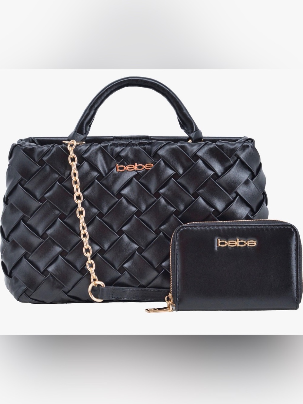 bebe Black Woven Satchel with Gold-Tone Chain and Matching Wallet